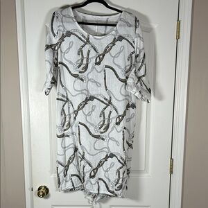 Linen Women’s White Chain-Print Tunic Dress 3/4 sleeves and drawstring bottom